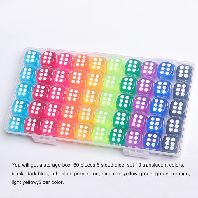 50 Pieces Colored Dice, 6 Sided Dice for Board Games, 14mm Bulk Dice for Math Learning, Dice for Classroom