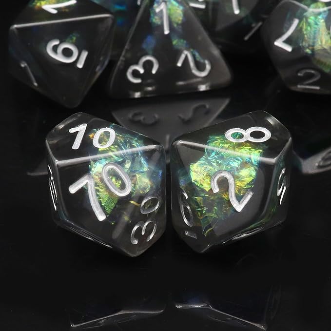 Haxtec DND Dice Set 7PCS Resin Dice Set Black with Iridescent Mylar Inclusion Polyhedral D&D Dice for Roleplaying Dice Games as Dungeons and Dragons