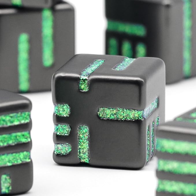 D6 Metal Dice, 16mm 6 Sided Dice Set, ZHOORQI 6Pcs/Set Tech-Themed New Concept Glittery Lines D6 Dice for DND, Tabletop RPGs Gifts（D6-Glitter Green）