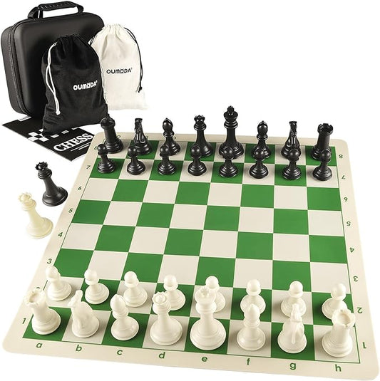 4" King Tournament Chess Set Foldable 20" Silicone Chess Board Mat with 2.2" Squares Green Color, Weighted Chess Pieces- 2 Extra Queens, Carrying Case for Storage and Travel