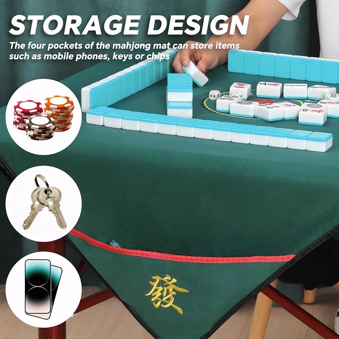 Mahjong mat,a large-sized handmade embroidered mahjong mat,suitable for poker,board games,card games,dominoes,and other games.It is a noise-reducing and anti-slip mahjong mat (43.3x43.3 inches green)