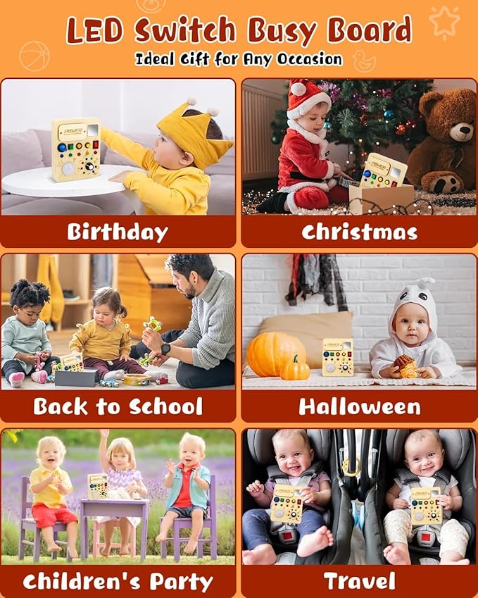 Busy Board Montessori Toy for Toddler, Wooden Sensory Activity Board with LED Light UP Switch, Baby Fidget Board Travel Toys for 18+ Months, 1 2 3 Year Old Boys Girls Toddler Toys Gifts