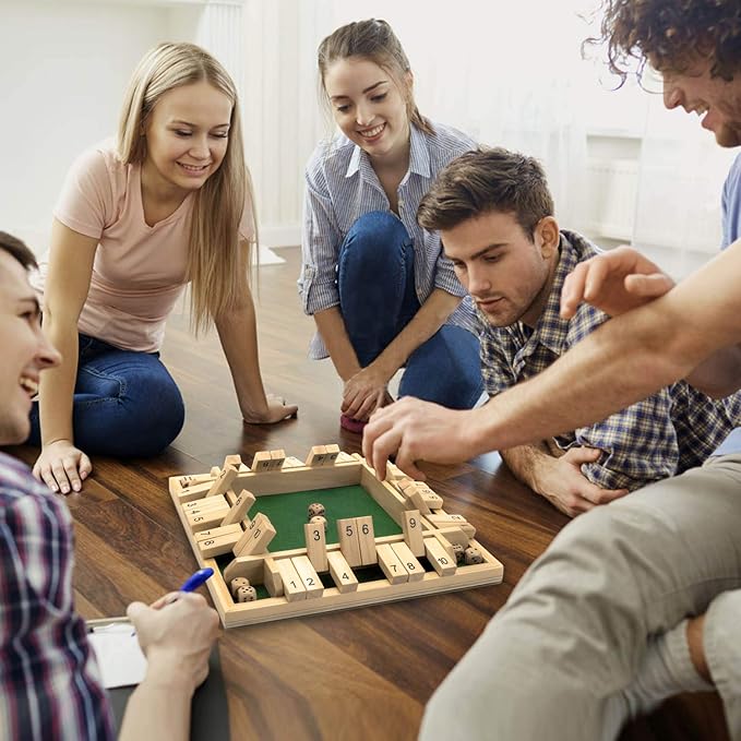 AMEROUS 12 Inches Shut The Box Family Game (1-4 Players), 4 Sided Large Wooden Number Dice Board Game with 12 Dices and Shut The Box Rules for Kids, Adults