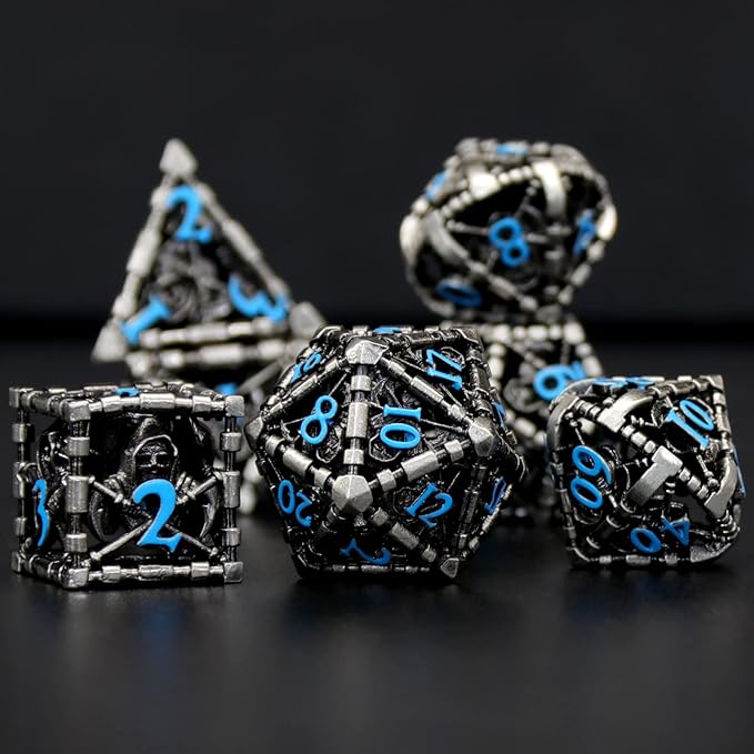 ZHOORQI DND Dice Set for Dungeons and Dragons, 7 Pcs/Set Grim Reaper Metal Dice Set Polyhedral RPG D&D Dice for DND Gifts（S-Blue Number）