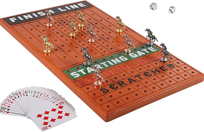 Large 21 inches Horse Racing Board Game Thickened Solid Wood with 11 Luxurious Durable Classic Metal Horses Including Dice and Cards Finish LINE Race Game Board (Large, Yellow)