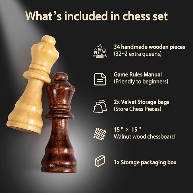 Chess Set Board Games for Adults: Handmade Walnut Wooden 15" 2 Extra Queens Folding Portable Travel Gift idea Pieces Storage Bags Instructions