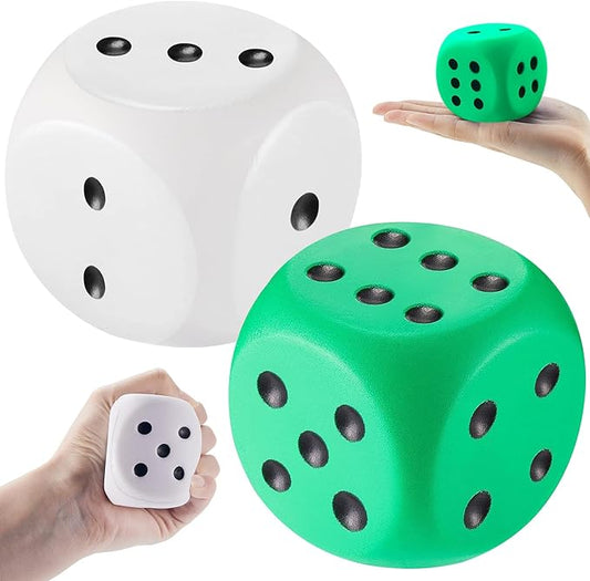 Zomiboo 2 Pcs Large Foam Dice Stress Balls Soft Jumbo 6 Sided Giant Dice Educational Learning Squeeze Anxiety Relieve Toy Gifts for Adults Kids Board Game Classroom(Green,White,2.3 Inch)