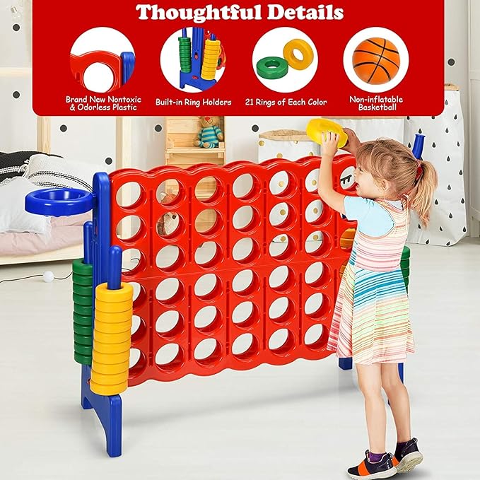 Giant 4 in a Row Connect Game, Jumbo 4 to Score Game Set w/ 42 Chess Rings, Basketball & Hoop, Toss Rings & Quick-Release Lever, Indoor & Outdoor Family Party Game for Kids & Adults