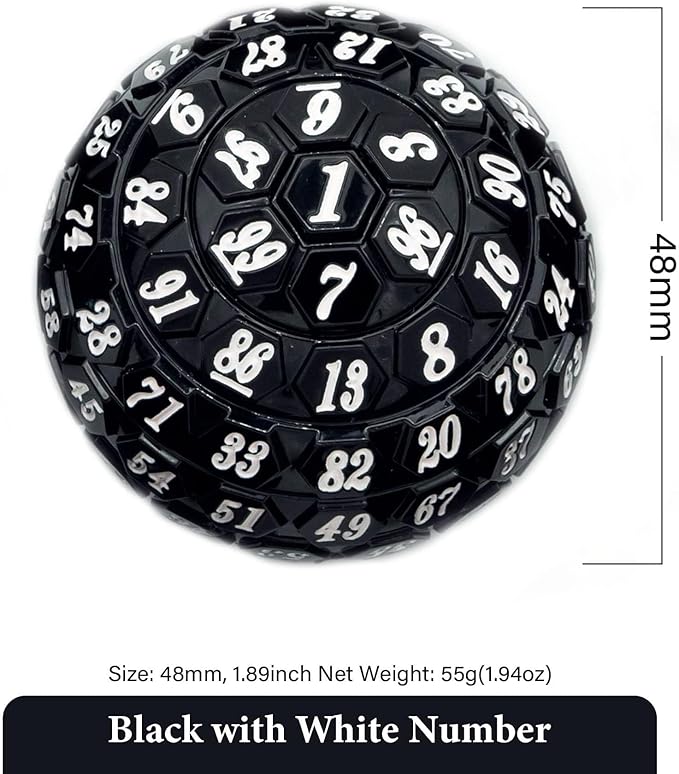 100 Sided Polyhedral Dice, Single D100 Game Dice, 100 Sided Cube with Black Pouch, D100 Dice 48 mm (Black with White Number)