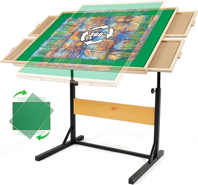 ALL4JIG 2000 Piece Jigsaw Puzzle Table with Legs,Wooden Jigsaw Puzzle Table with 4 Drawers & Cover,360°Rotating for Easy Access,Adjustable Angle & Height Adjustment