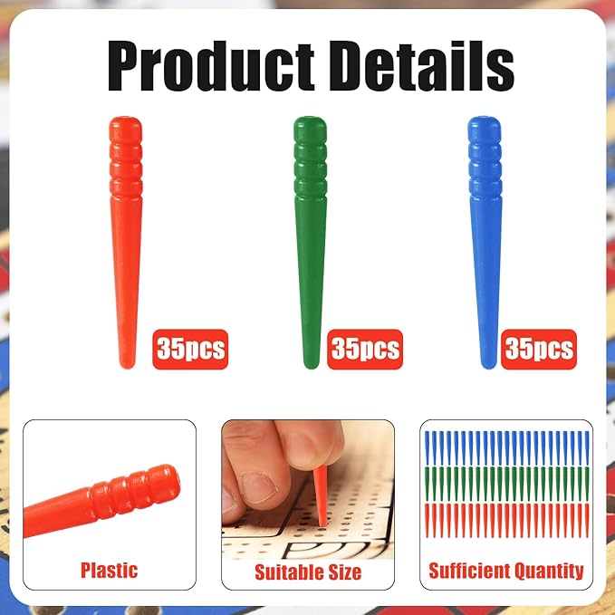 105pcs Cribbage Board Pegs, Tapered Design Cribbage Pegs Fit 1/8 Inch Hole Cribbage Pins Board Game Accessories (3 Colors)