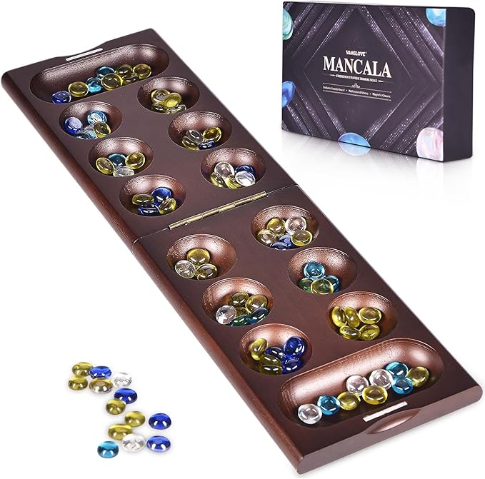 VAMSLOVE Wooden Mancala Board Game with Magnetic Lock / 48+8 Extra Multi Color Glass Stones, Folding Mancala Set for 2 Player, 6 Age and Up (Instructions Included)
