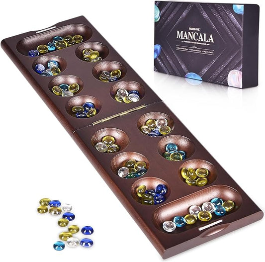 VAMSLOVE Wooden Mancala Board Game with Magnetic Lock / 48+8 Extra Multi Color Glass Stones, Folding Mancala Set for 2 Player, 6 Age and Up (Instructions Included)