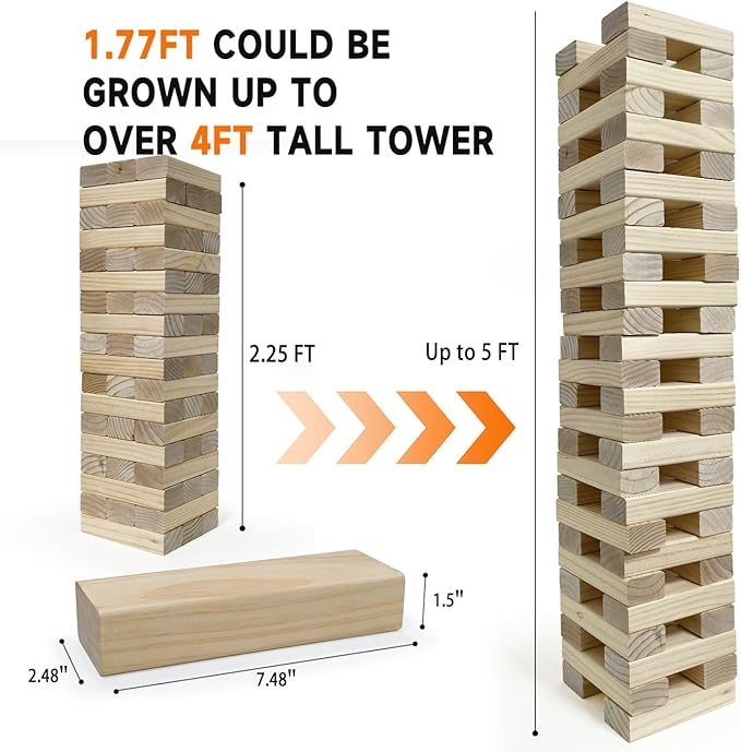 Nattork Giant Tumbling Tower (Stack from 2.16Ft to 5+ Ft), Wood Stacking Giant Blocks Game| Made from Premium Pine Wood| Ideal for Family, 54PCS