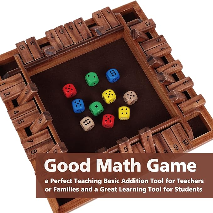 GOTHINK Shut The Box Dice Game, 2-4 Player 11.5-inch Wooden Board Table Math Game with 10 Dices - Math & Decision Skills for Adults/Kids, Perfect for Home Class Parties & Pubs - Classic Tabletop Fun