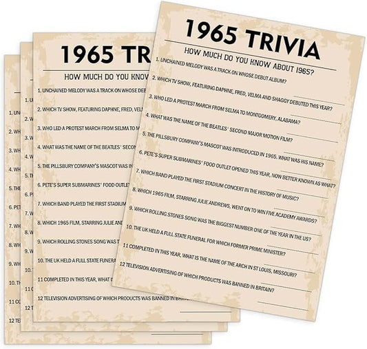 QUPT 60th Birthday Party Games, 1965 Trivia Games, Birthday Party Supplies for Adults, Fun 1965s Party Game，Pack of 30 Cards