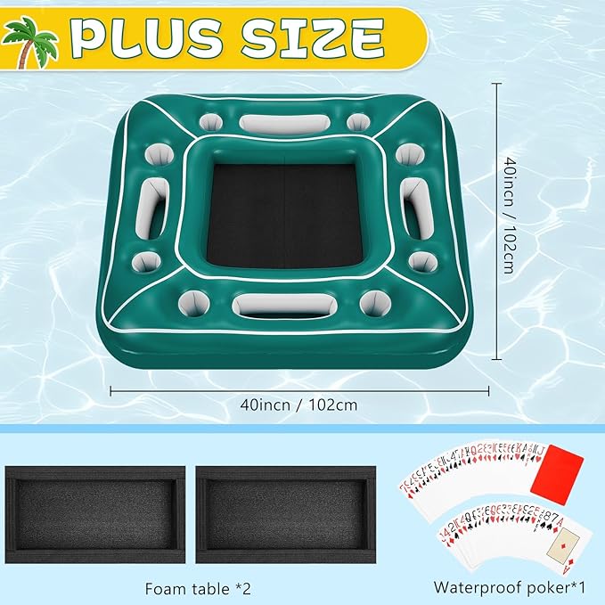 WERNNSAI Floating Pool Card Table Inflatable Drink & Snack Holder with Waterproof Playing Cards 40” Floating Game Tray for Pool or Beach Party Summer Fun Accessory for Adults & Family