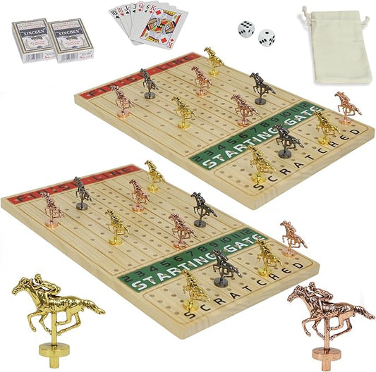2 Pack Metal Horse Racing Board Game Card Board Game Finish Line Luxury Edition Solid Wood Race Game Board 11 Batches of Metal Model Horses 2 Sets of Dice and 2 Boxes of Cards (Log)…