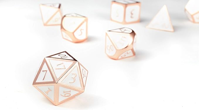 MIYUDAIS Polyhedral Metal Game Dice Rose Gold White 7pc Set for Dungeons and Dragons RPG MTG Table Games D&D Pathfinder Shadowrun
