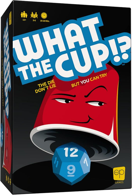 USAOPOLY What The Cup!? | Social Bluffing Dice Game | Featuring Handheld Dice Cups & D12 Dice | Spy, Swap, Steal The Winning Cup | 3-6 Players, Ages 12+
