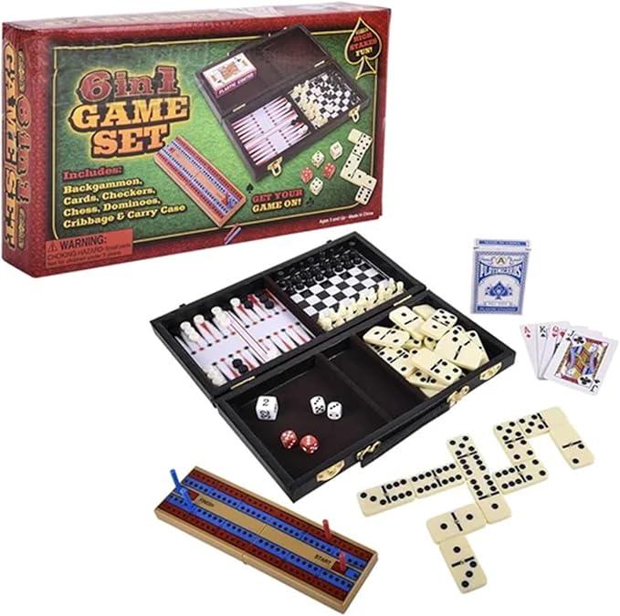 The Dreidel Company Board Games, Chess, Backgammon, Cards, Checkers, Dominoes, Cribbage, 6-in-1 Travel Case, 11" Inch