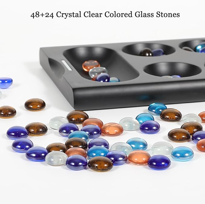 Wooden Mancala Board Game Set with 48 + 24 Bouns Multicolor Glass Stones Portable Folding Board for 2 Players Classic Travel Games for Adults and Kids
