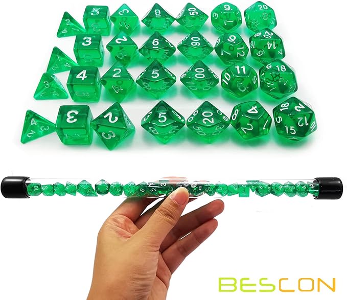 Bescon 28pcs Translucent Green Mini Polyhedral Dice Set in Tube, Dungeons and Dragons RPG Dice 4X7pcs,Mini Gem Green Dice Set