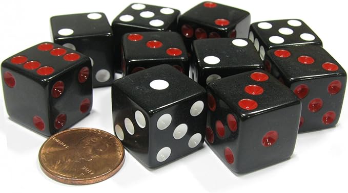 Koplow Games Set of 10 D6 16mm Dice, Inversed Pips- 5 Black w Red Pip and 5 Black w White Pip