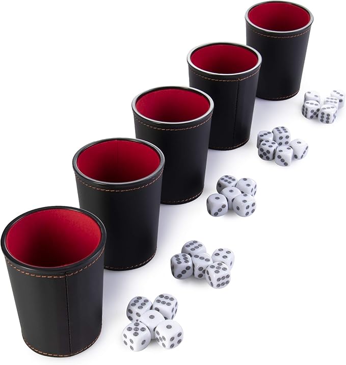 5 Leather Dice Cups and 25 Bullseye Dice by Bullseye Game Night | Classic Dice for Farkle, Liar's Dice, Bunco | Black and Red