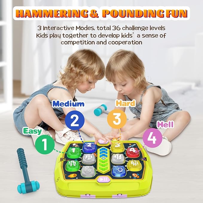 Whack Mole Game Toy for Toddler, Toys for 3 4 5 6+ Year Old Boys/Girls, Interactive Educational Pounding Toys with 2 Hammers, Music & Light, 3 Modes, Birthday Xmas Gifts for Boys Girls Kids Age 3+