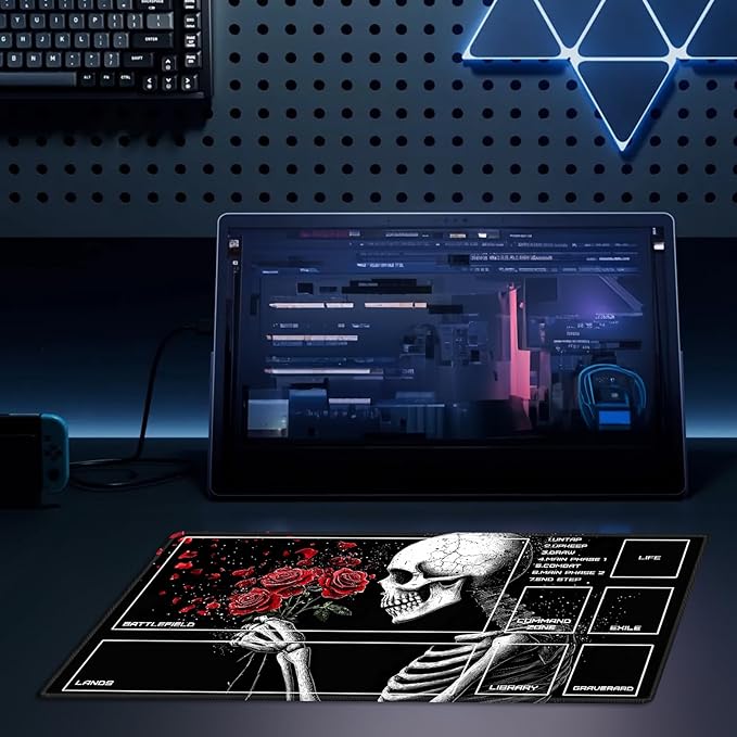 MTG Playmat Size 23.6x13.8in with Storage Bags Portable Playmat TCG and Board Game Mat for Cards Rubber Base Slip-Resistant Mousepad Desk Mat (Skeleton Rose,with Zone)