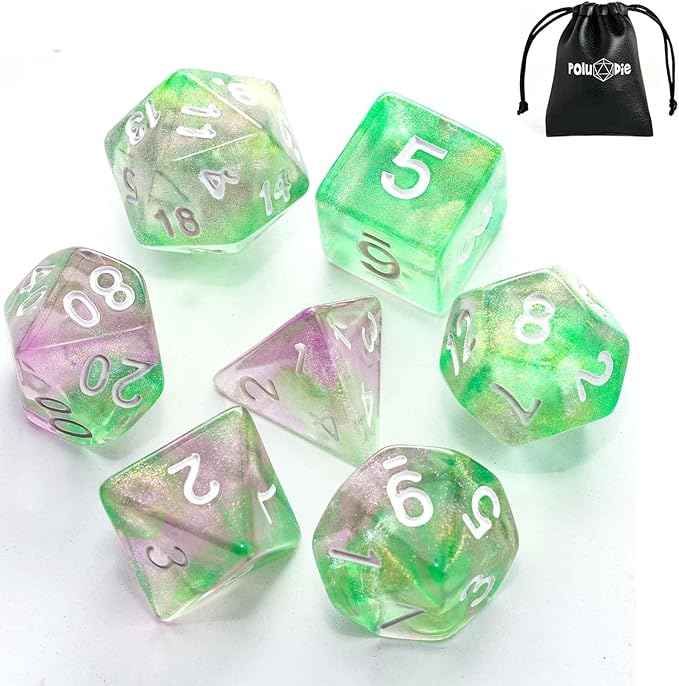7-Die DND Dice Set Polyhedral Dice Set with a Leather Dice Bag, D&D Dice Set for Dungeons and Dragons, RPG, MTG Table Games (Green Pink/Glitter)