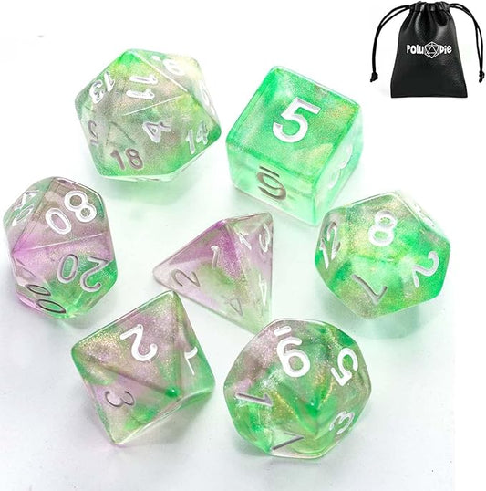 7-Die DND Dice Set Polyhedral Dice Set with a Leather Dice Bag, D&D Dice Set for Dungeons and Dragons, RPG, MTG Table Games (Green Pink/Glitter)