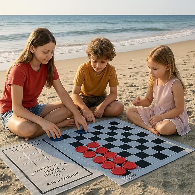 Bolaball 3-in-1 Giant Checkers, Tic Tac Toe Jumbo Game, 26"x26", Reversible Carpet, Indoor Outdoor Yard Board Game for Family and Friends with 24 Chips
