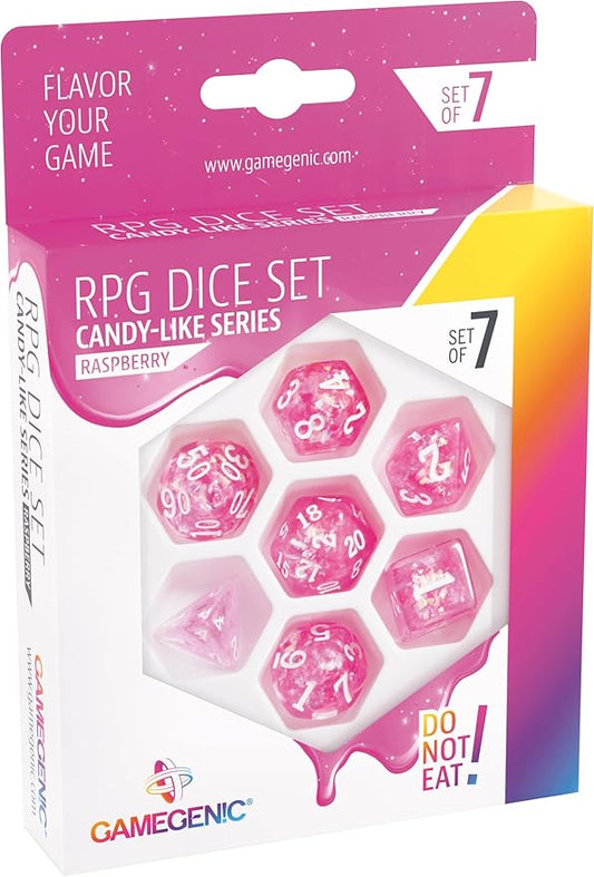 Candy-Like Series RPG Dice Set | Set of 7 Dice in a Variety of Sizes Designed for Roleplaying Games | Premium Quality Resin Dice with Beautiful Glitter Flakes | Raspberry Color | Made by Gamegenic