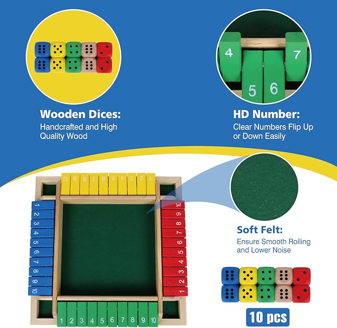 GOTHINK Shut The Box Dice Game, 2-4 Player 11.5-inch Wooden Board Table Math Game with 10 Dices - Math & Decision Skills for Adults/Kids, Perfect for Home Class Parties & Pubs - Classic Tabletop Fun