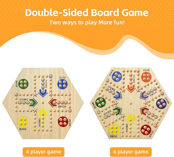 Wooden Board Game, Board Game Original Marble Game Double Sided Painted 2 to 6 Player Fast Track Wooden with 6 Colors 24 Marbles 6 Dice for Adults Kids Family(24 INCH)