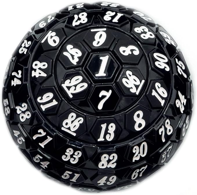 100 Sided Polyhedral Dice, Single D100 Game Dice, 100 Sided Cube with Black Pouch, D100 Dice 48 mm (Black with White Number)