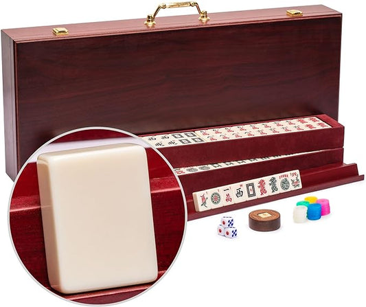 Yellow Mountain Imports American Mahjong Set, The Classic - with 166 Tiles, Vintage Rosewood Veneer Case, and Other Mahjong Accessories