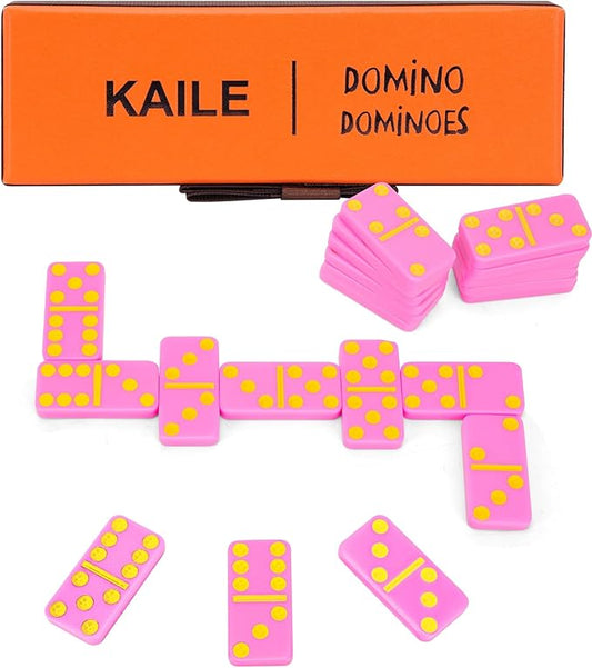 KAILE Pocket Domino Set – Mini Pink Dominoes with Gift Box & Ribbon, Bright Colors, Travel-Friendly Game for Kids & Adults, Idea, Portable Double-Six Set