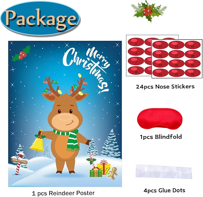 Funnlot Christmas Games for Kids Pin The Nose on The Reindeer Christmas Holiday Party Games Reusable 24 Noses Stickers and 1 Blindfold for for Kids and Adults
