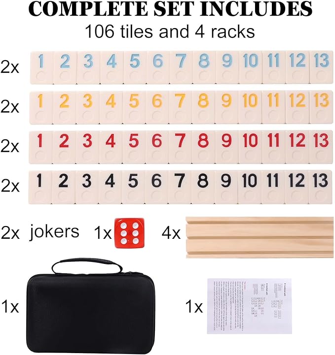 2-4 Players Rummy Cube Board Games Set with 4 Wooden Racks, 106 Tiles, Portable Case and Dice, for Family Friends Games Night Gifts Travel Party Games Sharpens Brain Game
