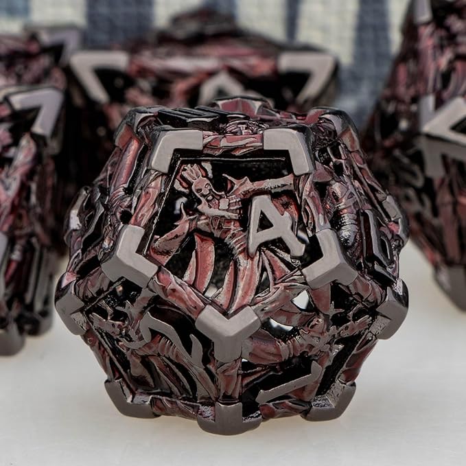 Hollow DND Dice Set Metal Wizard Dice with Box, 7pcs Red Black Polyhedral D and D Dice for use with D&D RPG Tabletop Games Role Playing Game