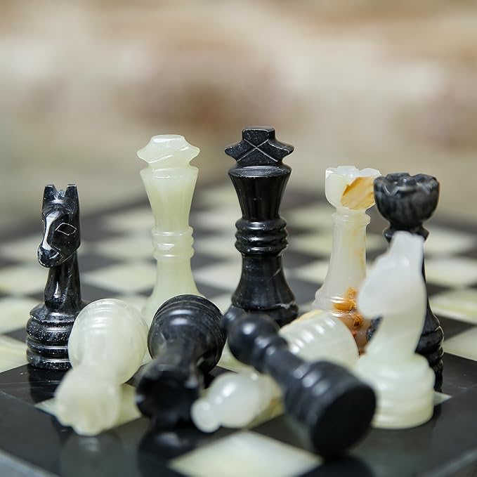 15 Inch Luxury Chess Set Classic Chess Boards for Adults with Handcrafted Stone Board & Marble Chess Pieces Ideal for Home Decor (Black & Onyx)