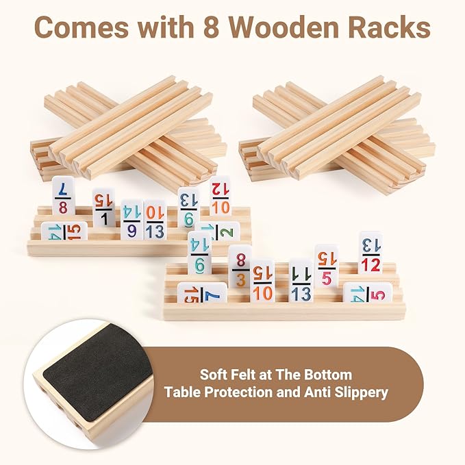 Mexican Train Dominoes Set with Numbers and 8 Wooden Trays/Racks, Double 15 Dominos Travel Set with 8 Tiles Holders, 136 Tiles Double 15 Colored Dominoes Game Set with Zippered Case for Family Kids