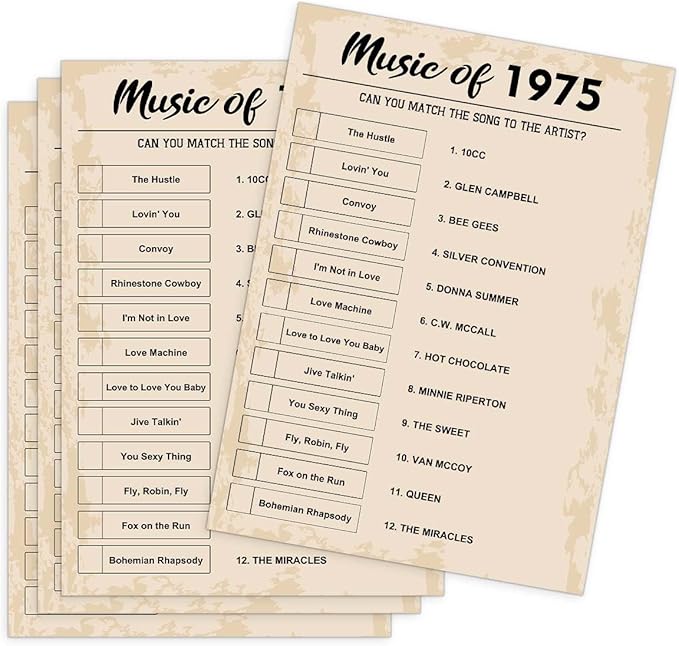 QUPT 50th Birthday Party Games, Music of 1975 Games, Birthday Party Supplies for Adults, Fun 1975s Party Game，Pack of 30 Cards