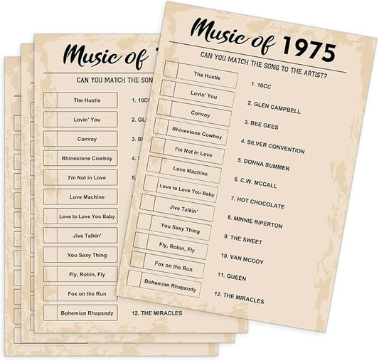 QUPT 50th Birthday Party Games, Music of 1975 Games, Birthday Party Supplies for Adults, Fun 1975s Party Game，Pack of 30 Cards