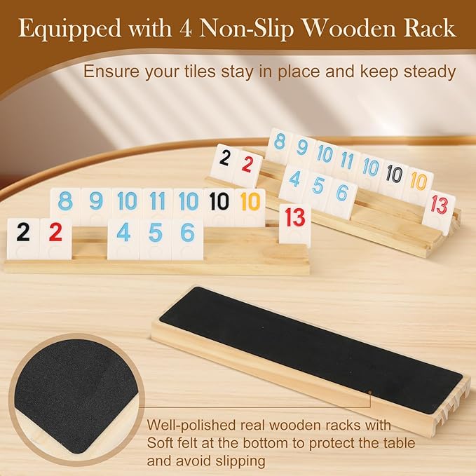 Upgraded 4 Players Rummy Game, 106 Melamine Tiles, 4 Wooden Racks, Premium Portable Case, Drawstring Bags, Tile Board Games for Adults, Birthday Gifts for Men Women Dad Mom