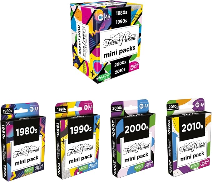 GAMES (EXCL. MONOPOLY) Trivial Pursuit Mini Packs Multipack, Fun Trivia Questions for Adults and Teens Ages 16+, Includes 4 Game Featuring 4 Decades