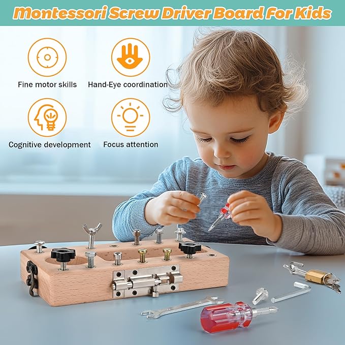 Montessori Screwdriver Board Set, Wooden Montessori Toys for 3 4 5 Year Old with Lock and Key Toy, Educational Sensory Learning Toy STEM Fine Motor Skills Toys